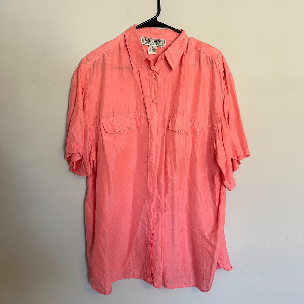 Vintage Melbourne Elements 100% Silk Pink Short Sleeve Shirt Large Button Down